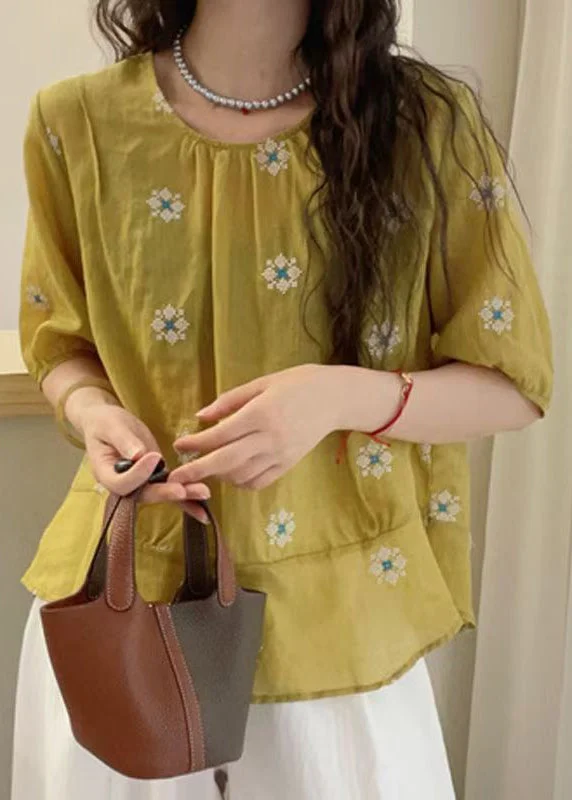 Loose Yellow O Neck Embroidered Cotton Blouses Summer