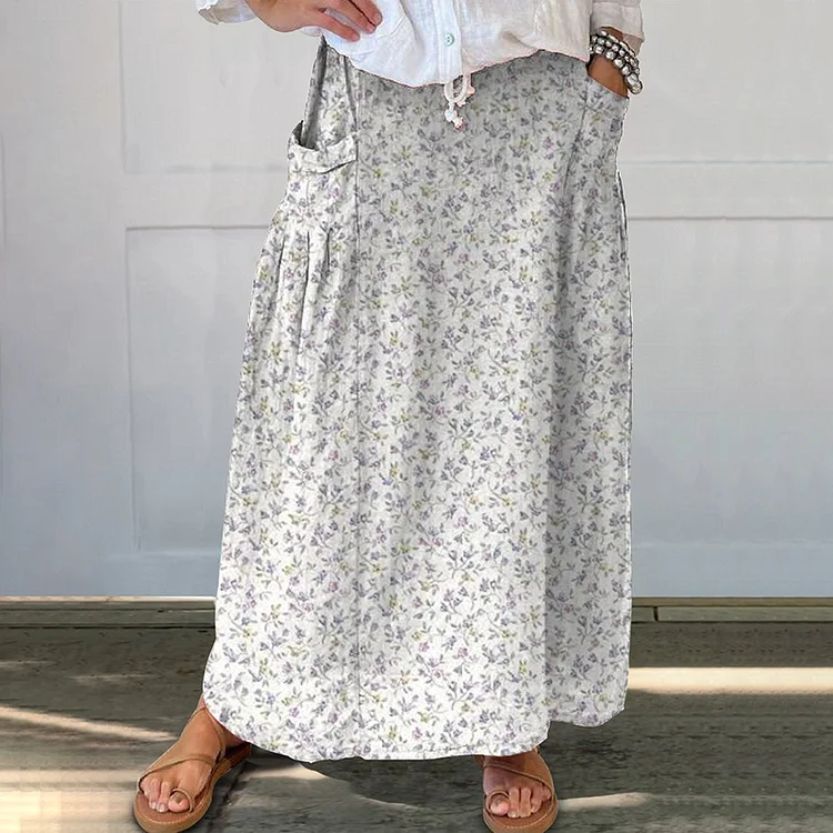 VChics Floral Art Print Linen Blend Pocket Skirt