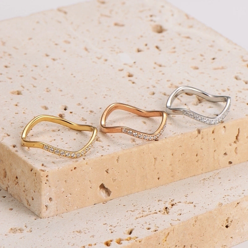 Elegant Basic Classic Style Waves 304 Stainless Steel Rhinestones 18K Gold Plated Rose Gold Plated Inlay Rings
