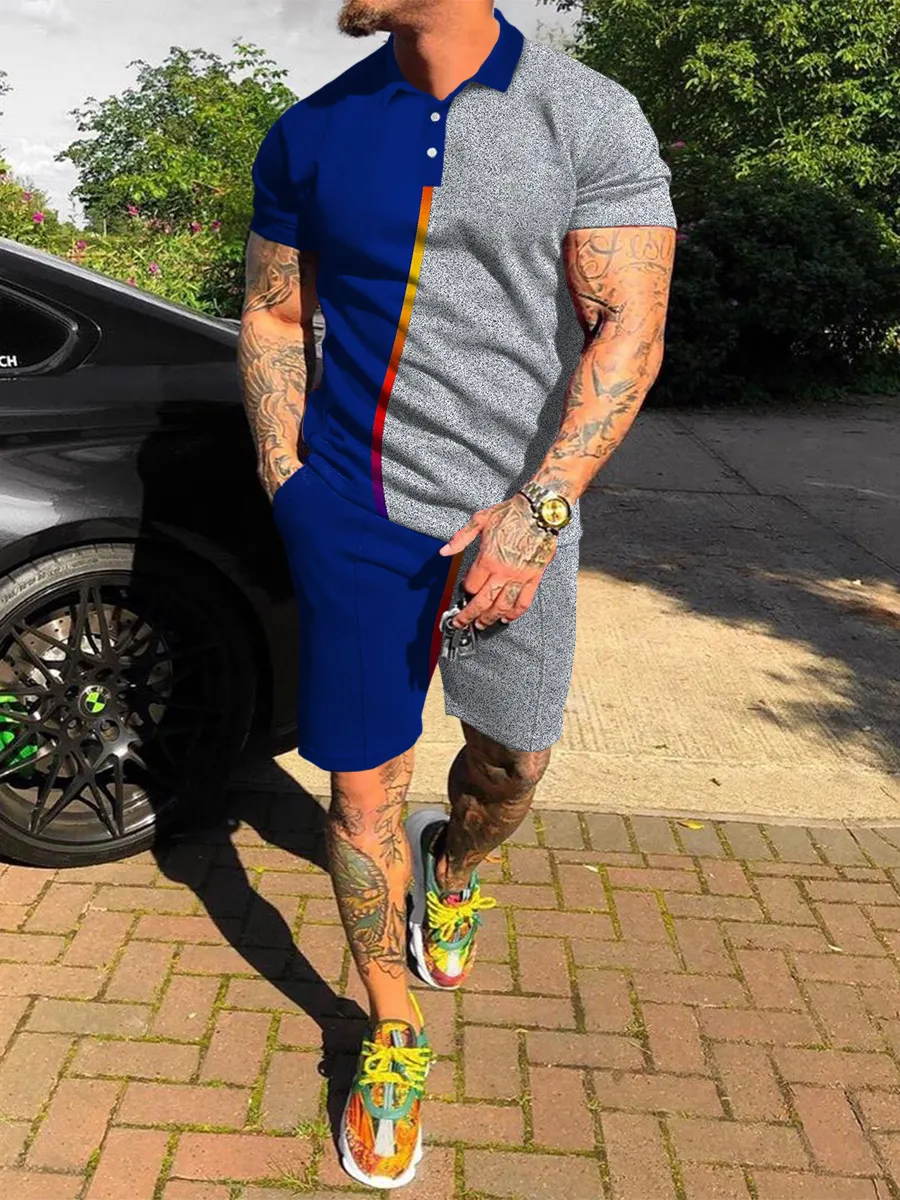 Men's Street Fashion Blue and Gray Contrast Printed Polo Suit.jpg Men's Street Fashion Blue and Gray Contrast Printed Polo Suit.jpg