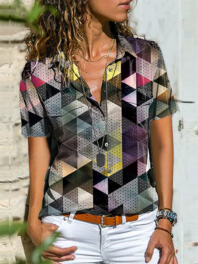 Geometric Art Flap Pocket Short Sleeve Blouse wearshes