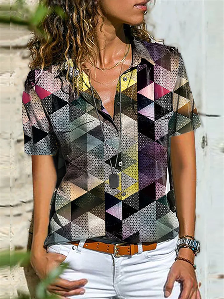 Geometric Art Flap Pocket Short Sleeve Blouse