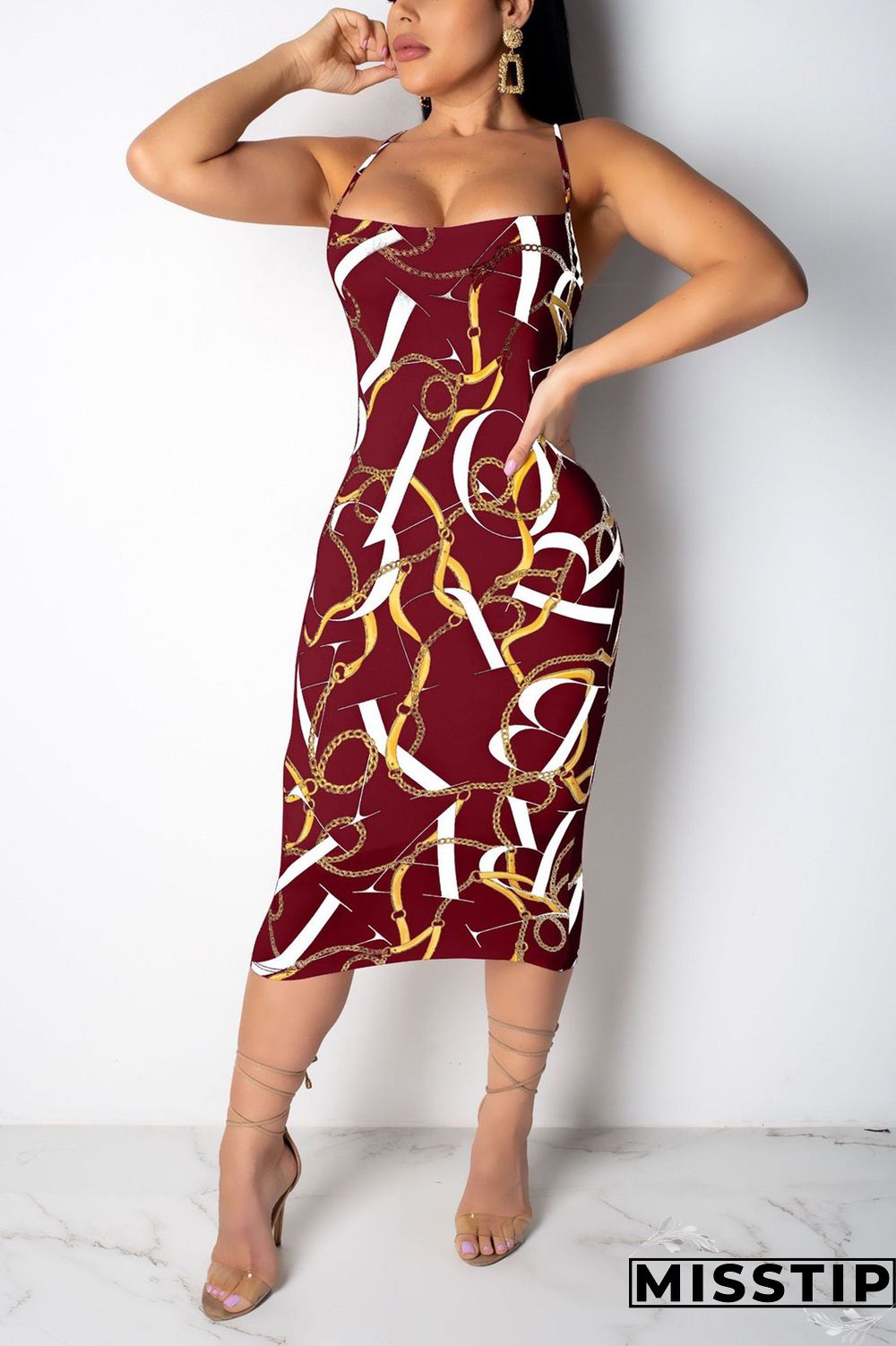 Dark Blue Chain Print Back Hollow Out Slip Dress