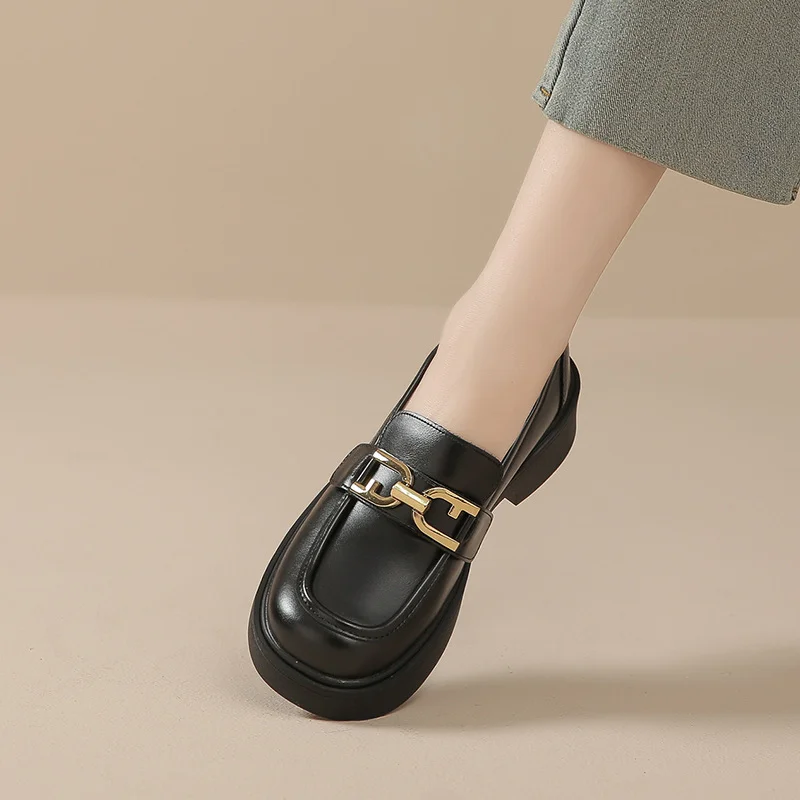 Ueong Ueong New Shallow Mouth British Wind College Single Shoes Korean Version Of Small Black Leather Shoes Shallow Mouth With Skirt Loafers Women