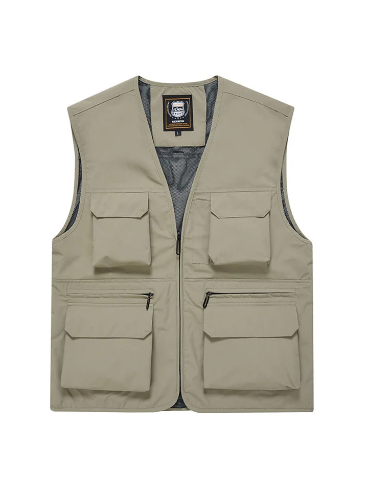 Loose Men's Multi-Pocket Outdoor Casual Photography Fishing Zipper V-Leader Vest Large Size Shoulder Jacket Cardigan-Cosfine