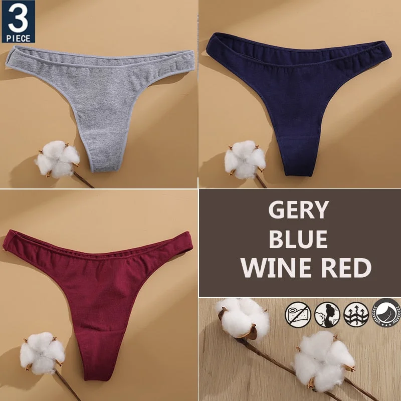 FINETOO 3PCS/Set Cotton Lingerie Women's G-string Underwear 7 Solid Colors Ladies Panties Female Low-Rise Woman's Thong Briefs