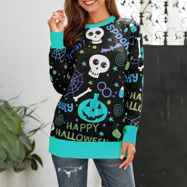 Fashion Women Halloween Print Pumpkin Skull Long Sleeve Hoodies