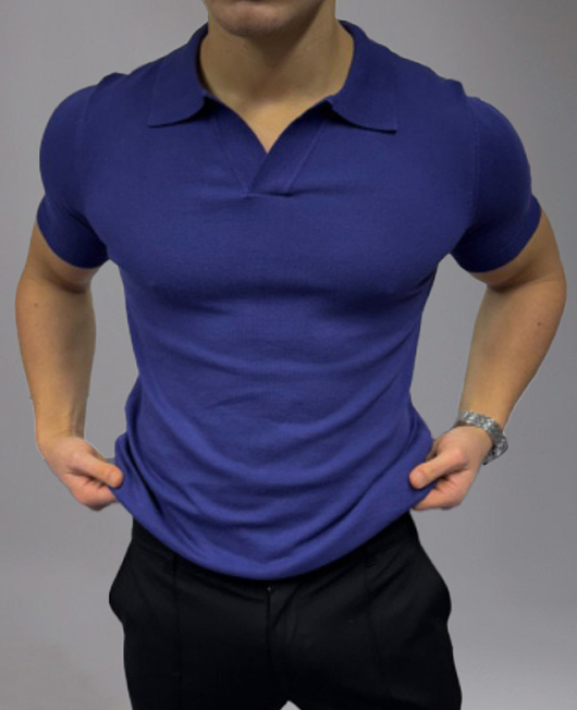 Casual Knitted Solid Turndown Collar Elastic Polo Shirt