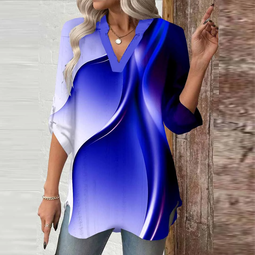 Women Texture, Blue-Purple DZGA0699 3/4 Sleeve V-neck Printed Graphic Button Tops