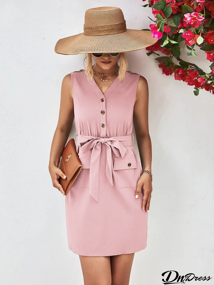 Buttoned V-Neck Belted Sleeveless Dress