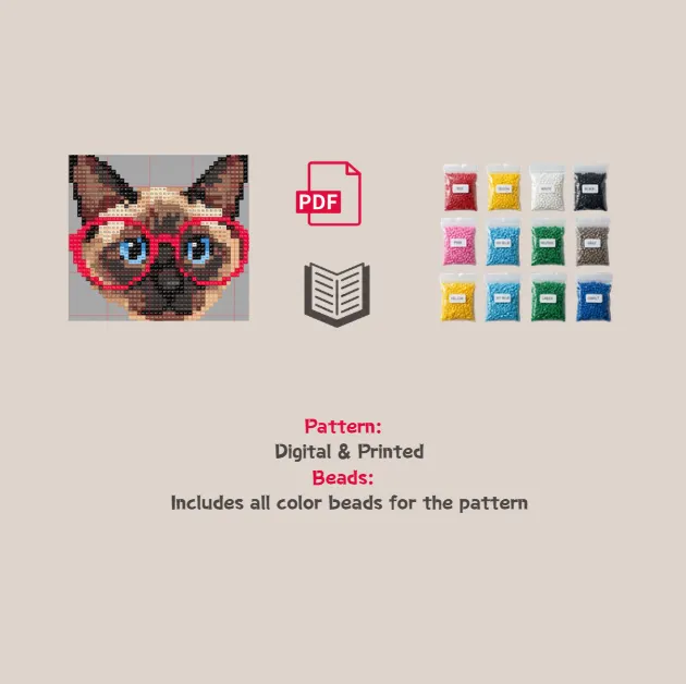 Red Glasses Siamese Cat Pixel Pattern Fuse Bead Kit  | Cute DIY Fuse 1280 Beads Set