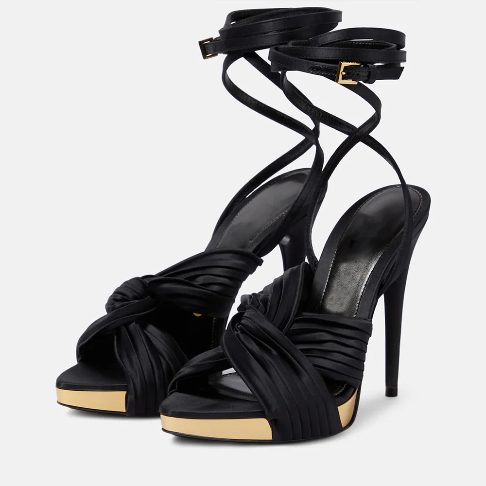Black & Gold  Opened Toe Crisscross Lace Up Platform Sandals With Stiletto Heels Nicepairs