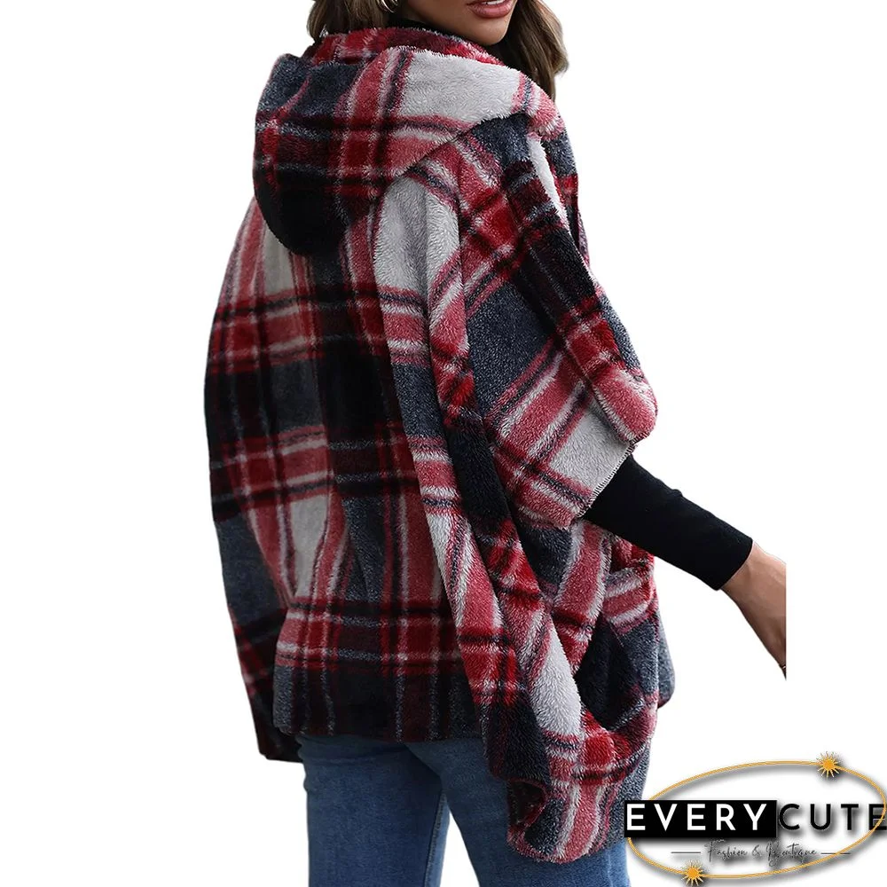 Red Plaid Print Plush Hooded 1/2 Sleeve Pocket Coat