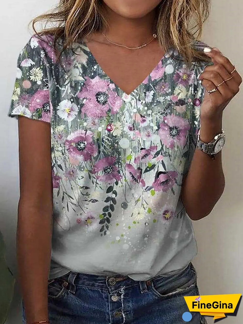 Women's Floral Printed Short Sleeve V-neck Top