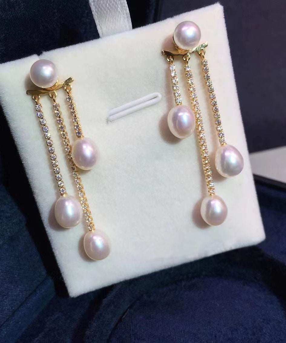 VCSHOES Gold Sterling Silver Overgild Zircon Pearl Tassel Drop Earrings