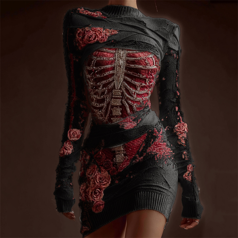 Classy Skeleton Anatomy Bloody Roses Bandages Knit Sweater Dress