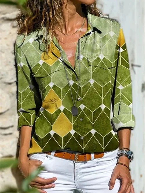 Women Long Sleeve Shirt Collar Geometric Graphic Button Top