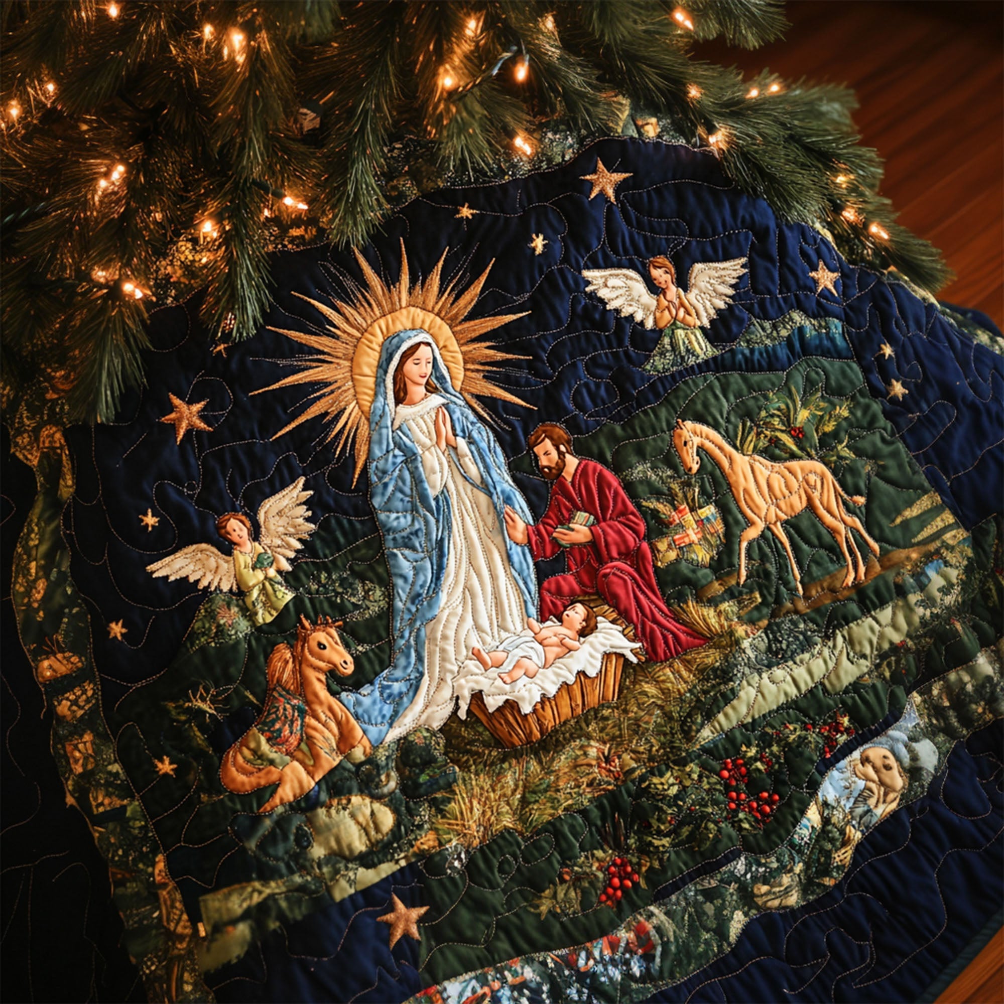 Christmas Star Quilted Christmas Tree Skirt NCU0PT1224