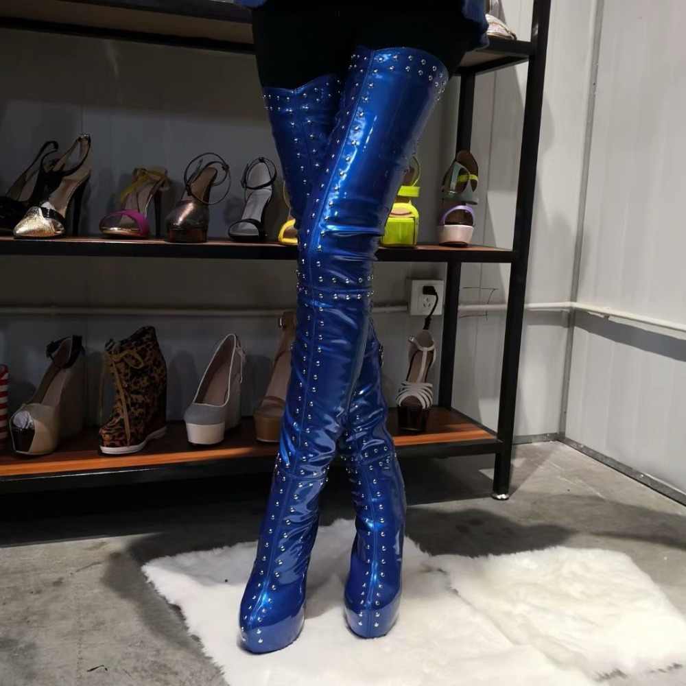GOOSHOE Blue Rivet Thigh High Stiletto Boots with Platform Heels
