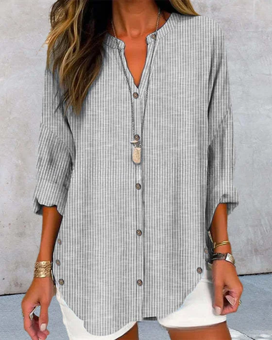 Women's Casual Fashion Button Striped Long Sleeve Solid Color Shirt socialshop