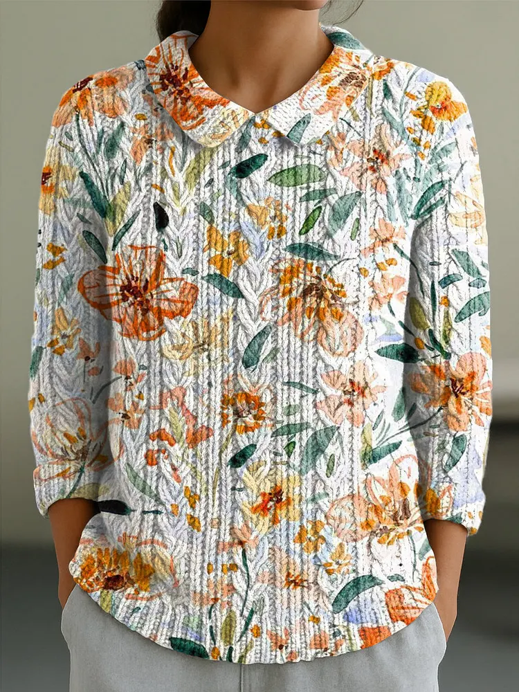 Women's Beautiful Watercolor Floral Painting Art Print Casual Peter Pan Collar 3/4 Sleeve Sweater