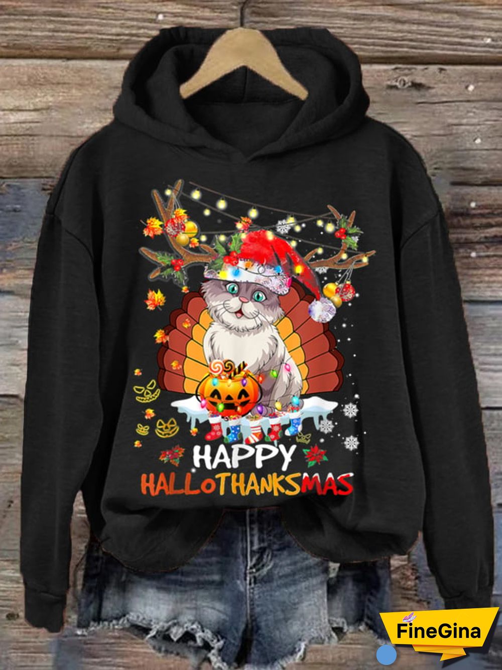 Women's Happy Hallothanksmas Cute Cat Hoodie