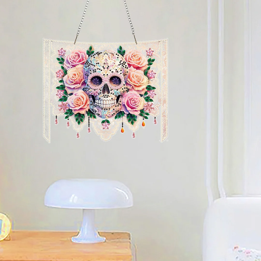 Skulls Flower 2D Flat DIY Acrylic Diamond Painting Kit Window Hanging Wall Decor