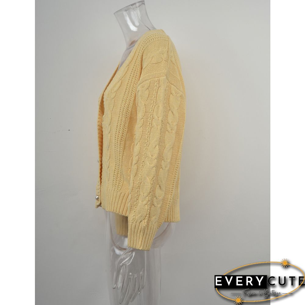 Solid Yellow Button Cable V Neck Cardigan