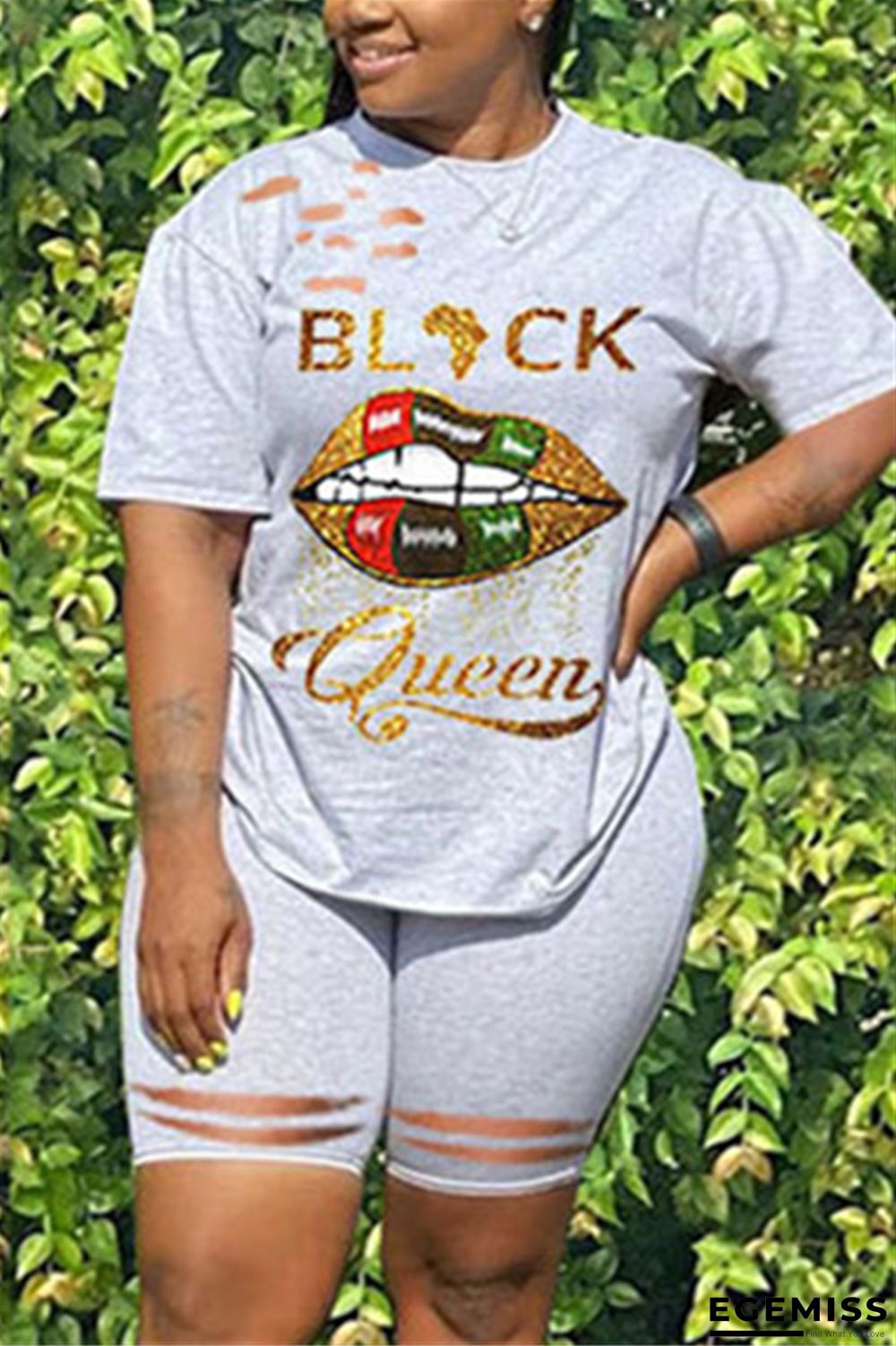 White Fashion Casual adult Letter Patchwork Print Hole Burn-out Two Piece Suits Lips Print Straight Short Sleeve Two Pieces | EGEMISS