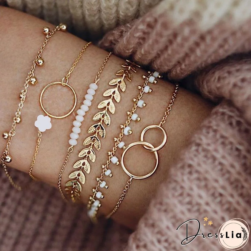 6Pcs/Set Tocona Bohemian Gold Tassel Bracelets for Women Boho Jewelry Geometric Leaves Beads Layered Hand Chain Charm Bracelet Set