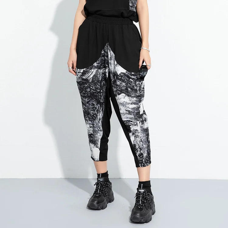 Ink Print Splicing Elastic Waist Loose Haren Pants