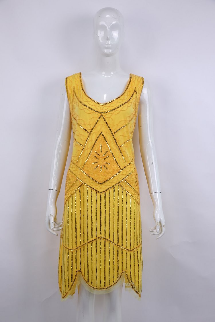 Yellow O-neck Sleeveless Sequin Dress Size XXL