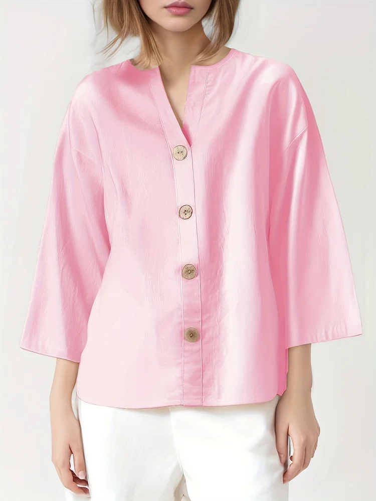 Women's V-Neck Linen Shirt Top 3/4 Roll-Up Sleeve Summer Casual Loose Solid Blouses Tunic Tops With Button