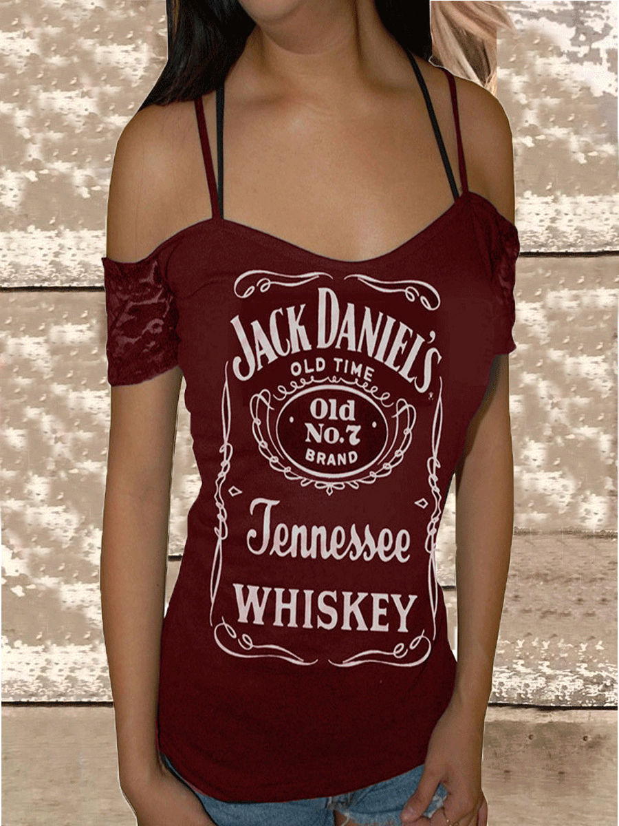 JACK DANIEL'S JENNESSEE WHISKEY Printed Lace Stitching Off-the-shoulder T-shirt