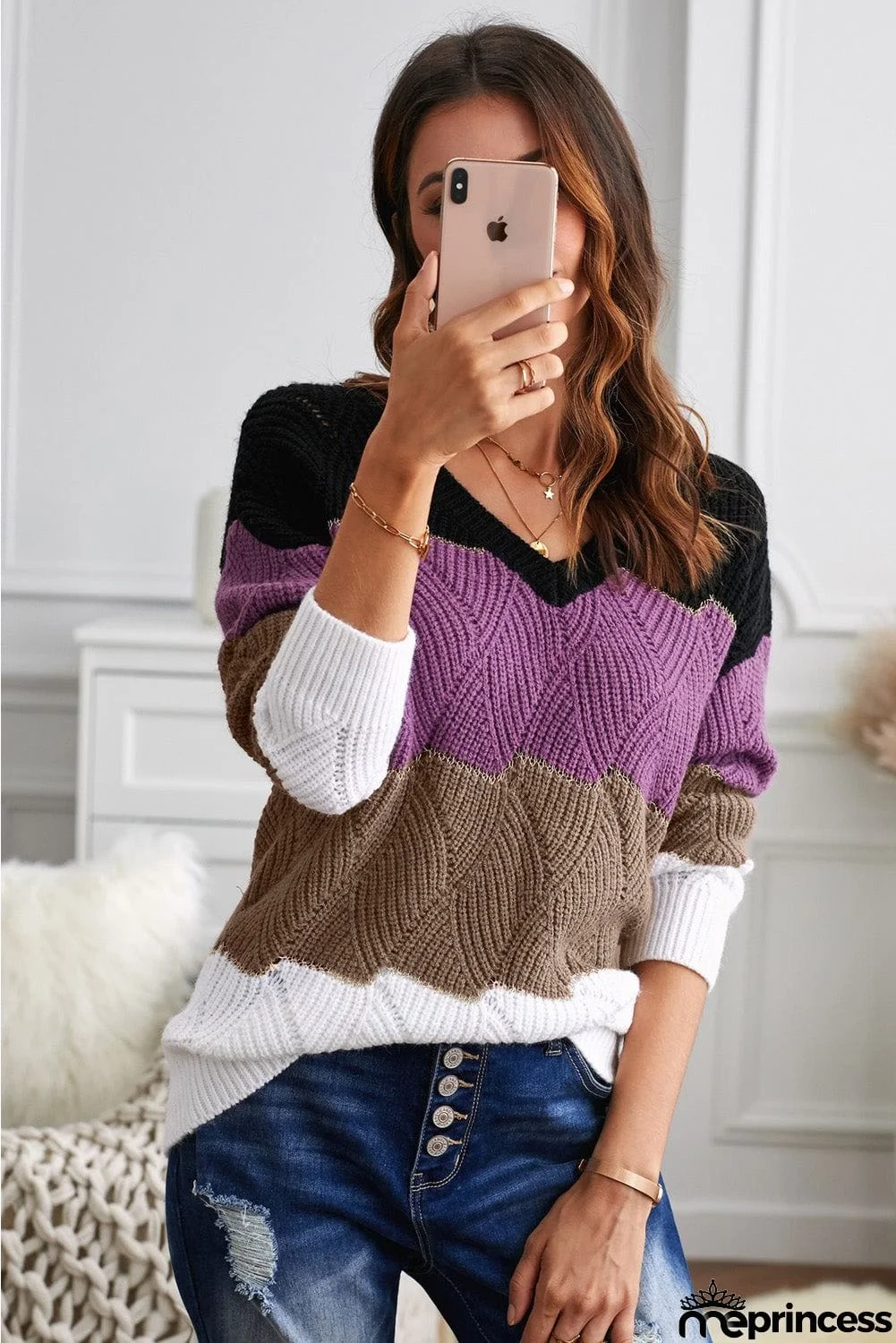 V Neck Colorblock Textured Knit Sweater