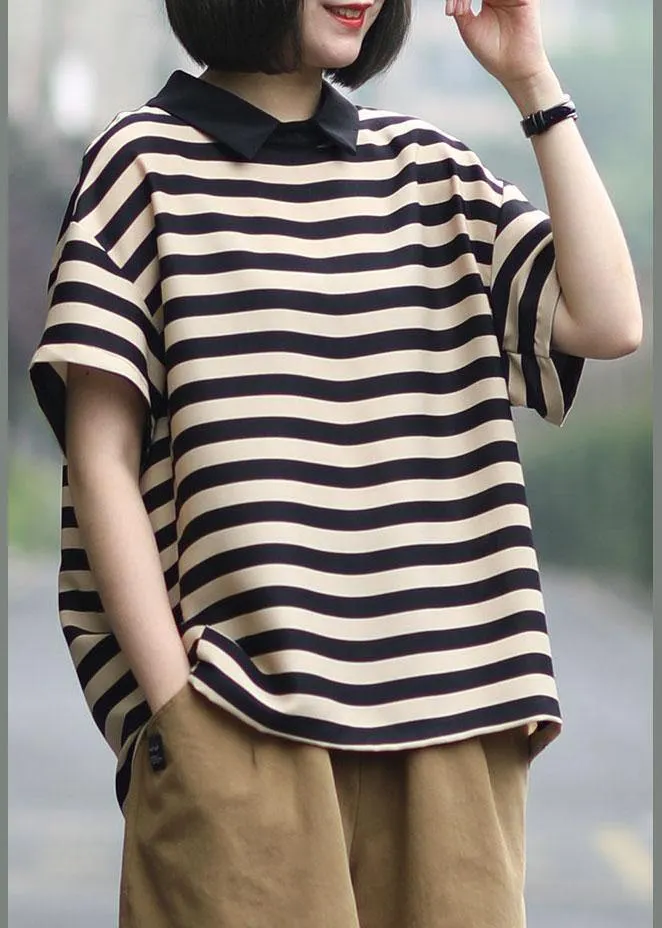 Unique Black Nude Striped Turn-down Collar Summer Blouses Short