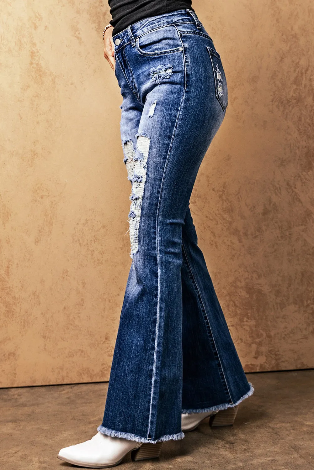 Sky Blue Distressed Raw Hem High Waist Flare Jeans