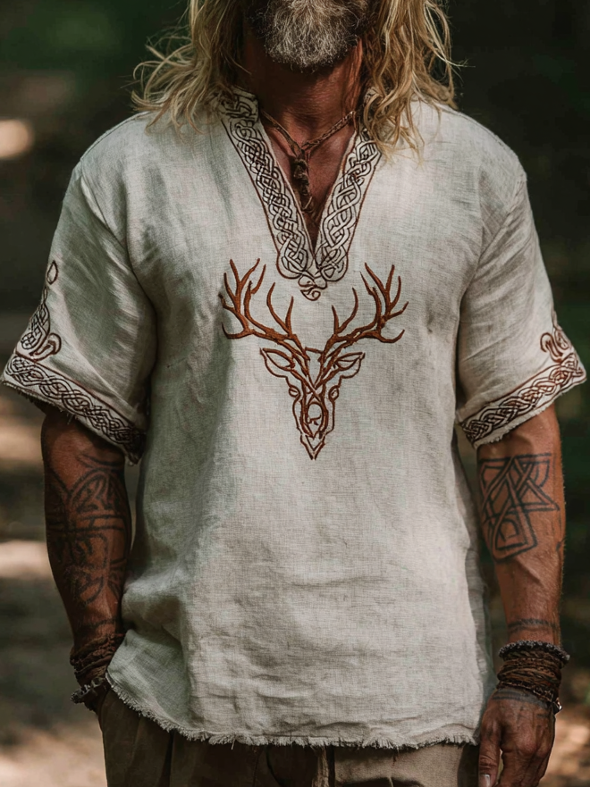 Men's Viking Deer Short Sleeve V-Neck Linen T-Shirt / Rvogue / Rvogue