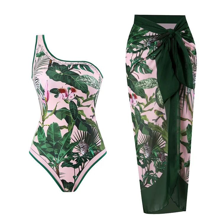 One Shoulder Printed One Piece Swimsuit and Skirt