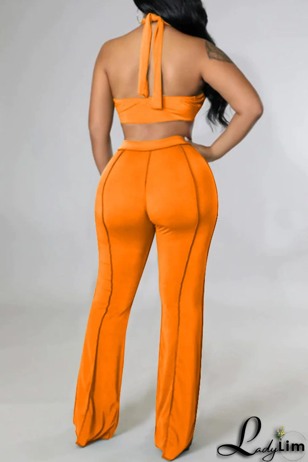 Orange Sexy Lips Printed Backless Asymmetrical Halter Sleeveless Two Pieces