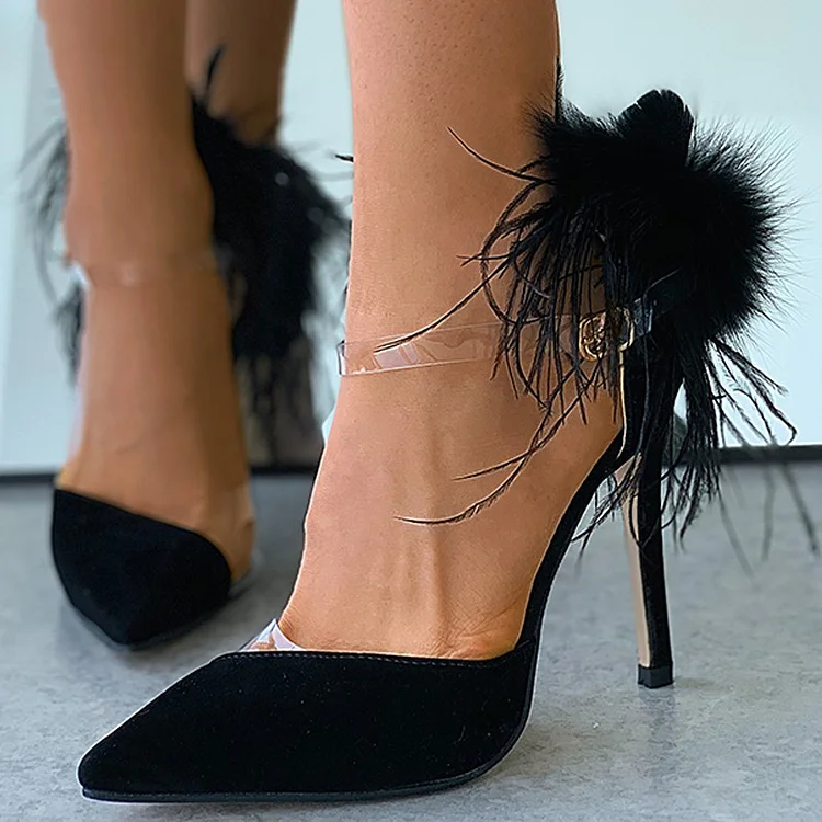 Black Suede Clear Ankle Strap Stiletto Heel Evening Pumps Vdcoo