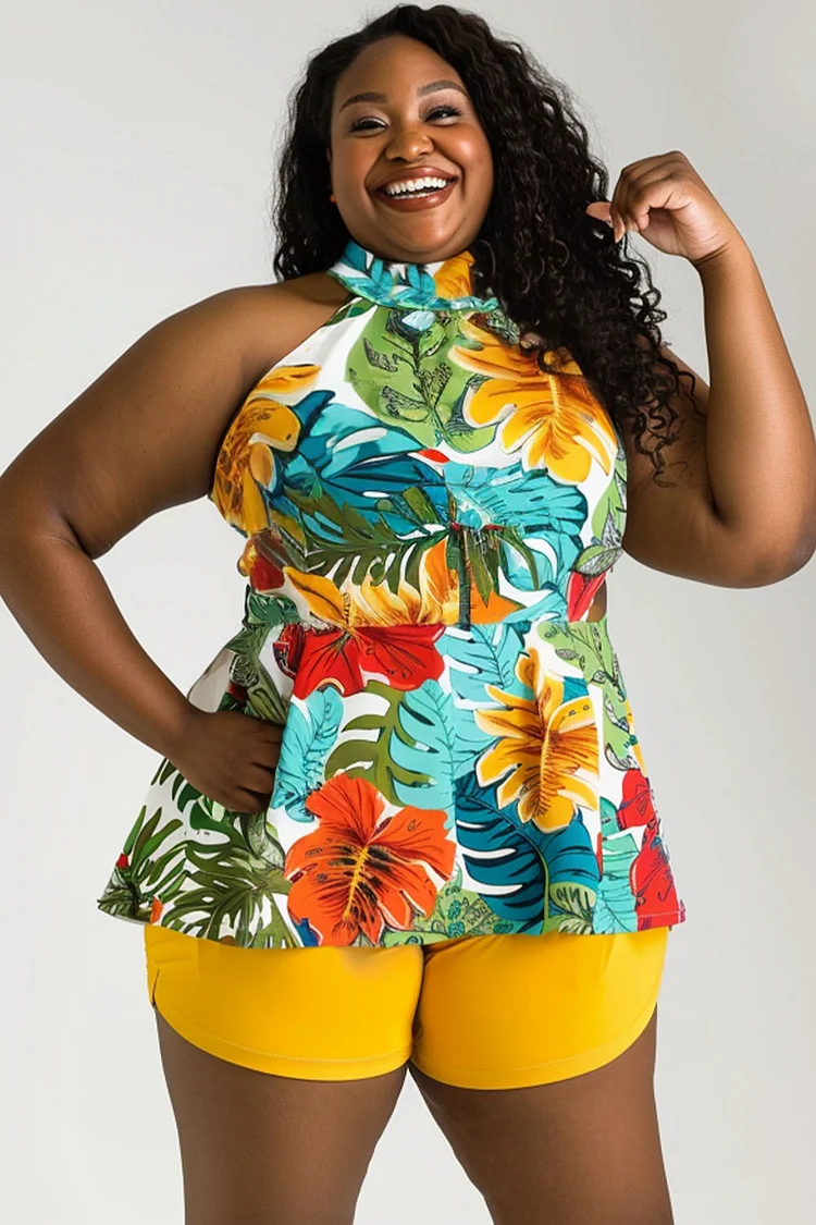 Xpluswear Design Plus Size Daily Yellow Tropical Print Halter Collar Backless Knitted Two Piece Short Sets [Pre-Order]