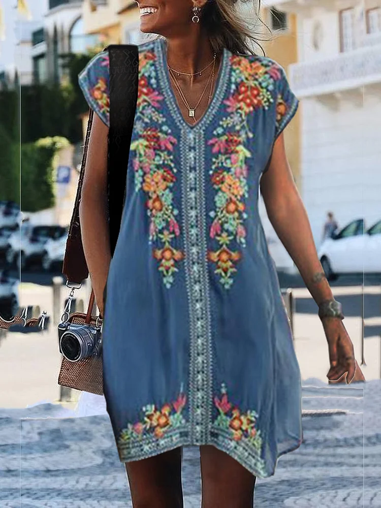 Boho Short Sleeve V Neck Floral Mini Dress