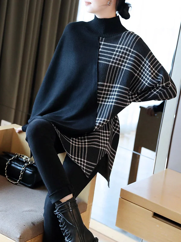 Roomy Irregularity Striped Split-Joint Half Turtleneck Sweater Tops