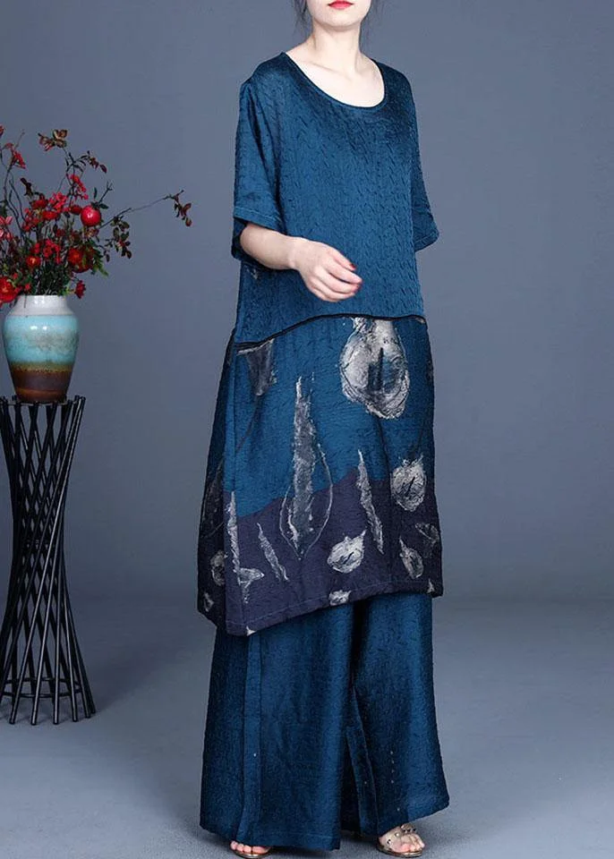 Boho Blue Patchwork Print long clothes Wide Leg Two Pieces Set