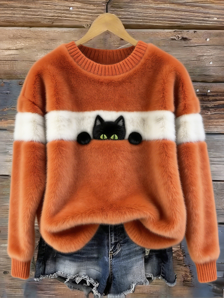 Striped Black Cat Women's Cozy Flannel Sweater wearshes