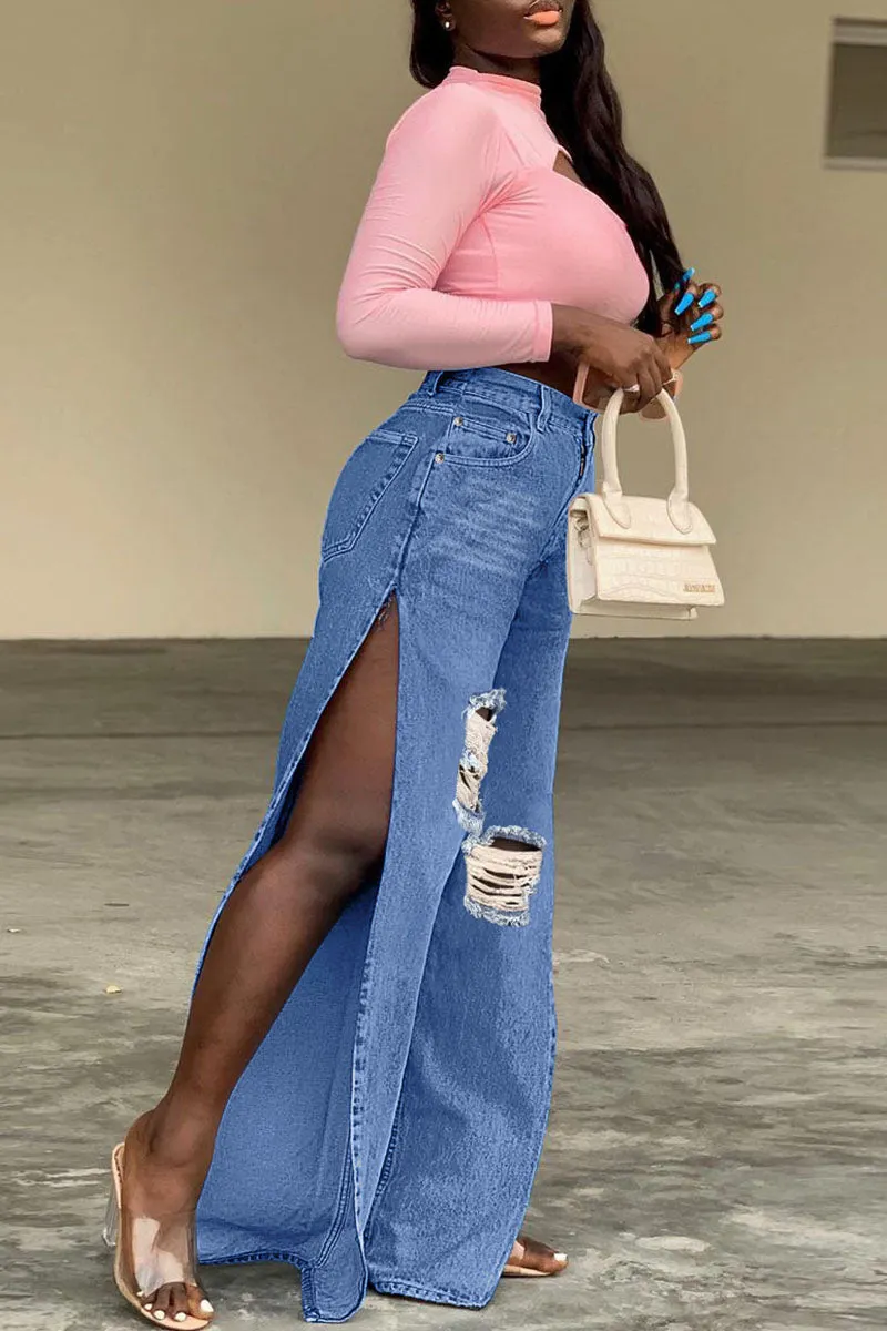Street slit-hem jeans
 for ladies