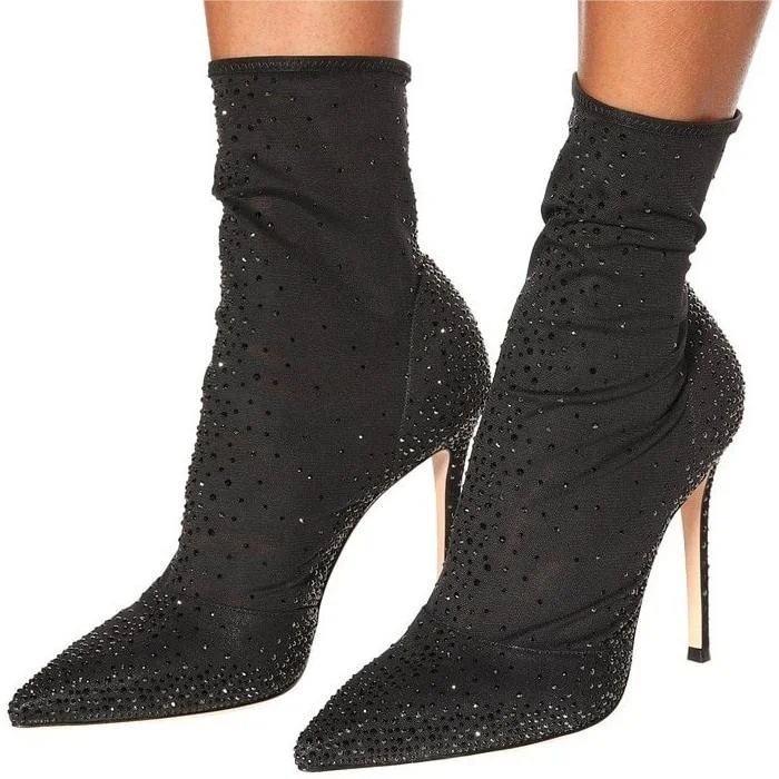 Black Stiletto Heel Booties Pointed Toe Rhinestone Sock Boots |FSJ Shoes