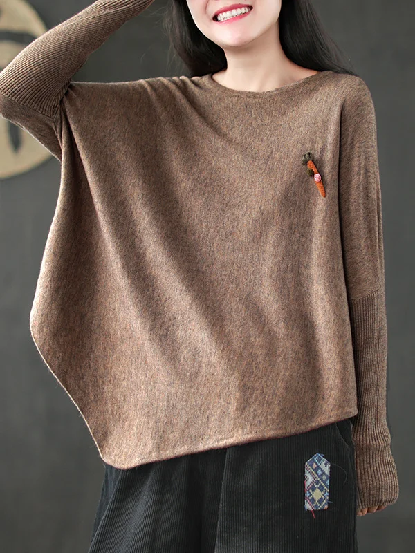 Simple Loose Long Sleeves Solid Color Round-Neck Sweater Tops