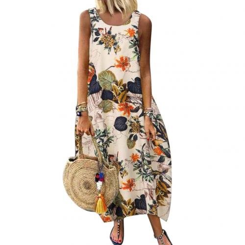 Summer Dresses for Women 2021 Casual Sleeveless O Neck Vintage Leaves Floral Print Cotton Linen Loose Long Dress Sets Beach